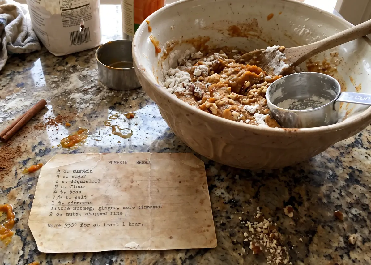 A typed, stained recipe card for pumpkin bread on a floured granite counter, next to a mixing bowl of batter with a wooden spoon in it